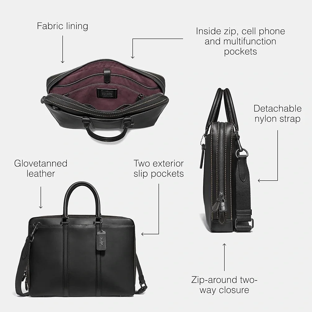 Coach Black Leather Briefcase Metropolitan Slim Brief - Picture 2 of 12